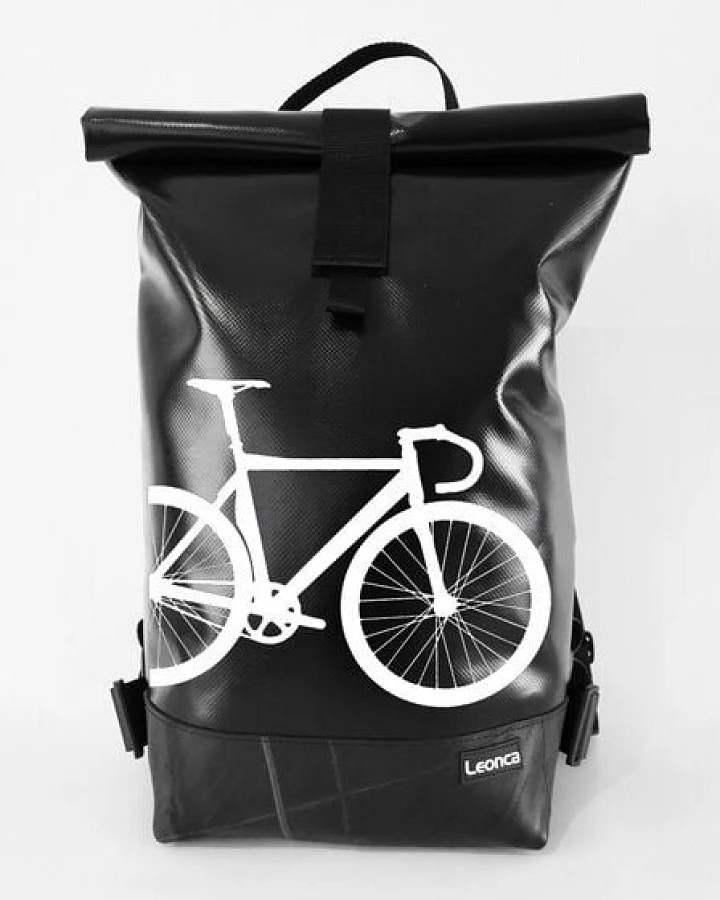 Leonca Rollrucksack aus LKW-Plane in 11 Farben/3 Größen mit Rennrad-Druck