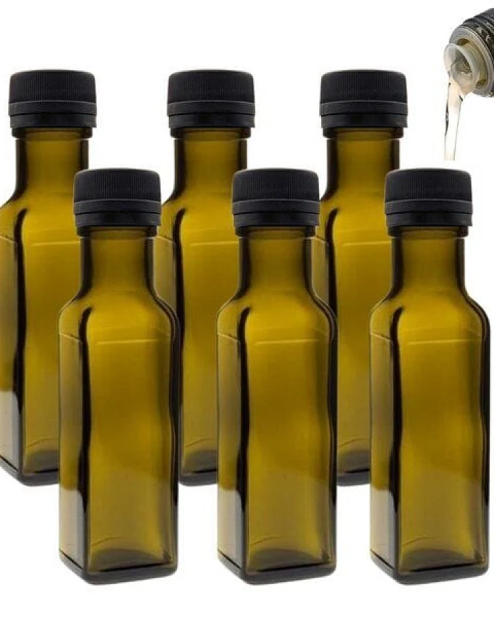 mikken 6er Set Ölflaschen 100 ml - 750 ml mit Ausgießer braune / grüne Glasflasche mit Dosierer Dosierflasche inkl. 6 Etiketten