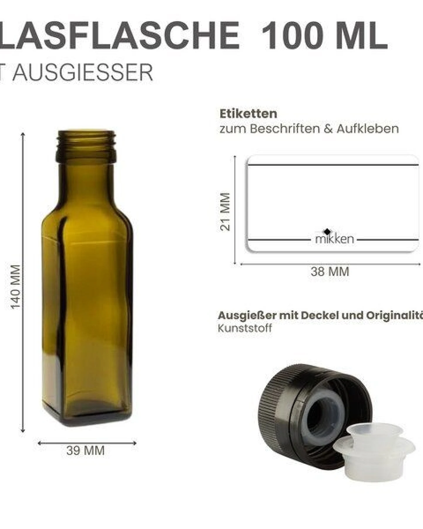 mikken 6er Set Ölflaschen 100 ml - 750 ml mit Ausgießer braune / grüne Glasflasche mit Dosierer Dosierflasche inkl. 6 Etiketten – Ansicht 3