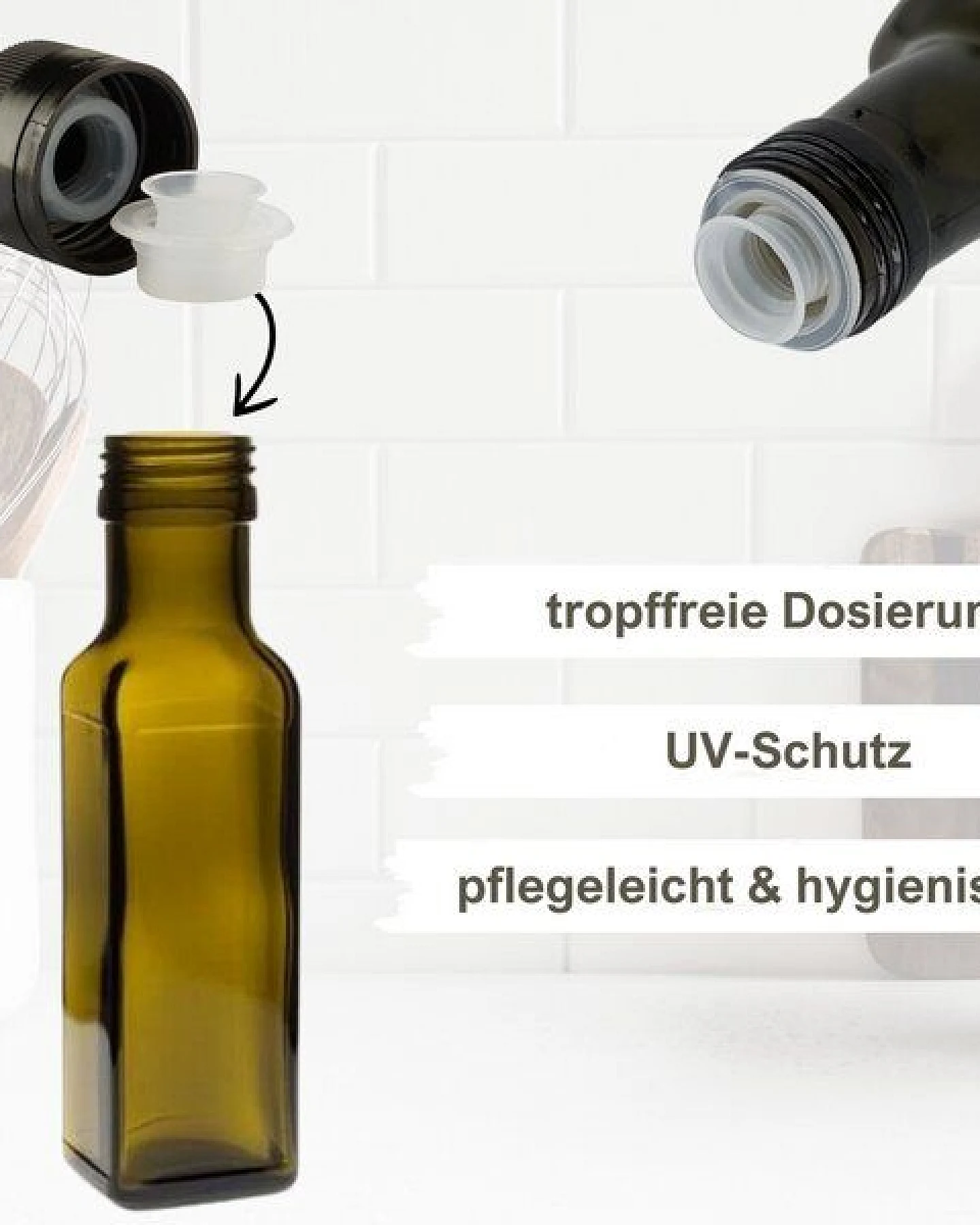 mikken 6er Set Ölflaschen 100 ml - 750 ml mit Ausgießer braune / grüne Glasflasche mit Dosierer Dosierflasche inkl. 6 Etiketten – Ansicht 2