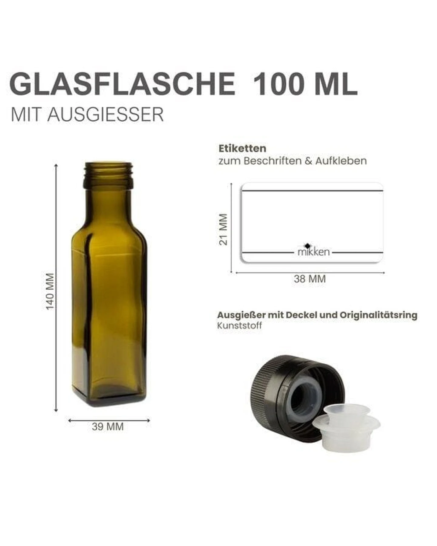 mikken 6er Set Ölflaschen 100 ml - 750 ml mit Ausgießer braune / grüne Glasflasche mit Dosierer Dosierflasche inkl. 6 Etiketten – Ansicht 3
