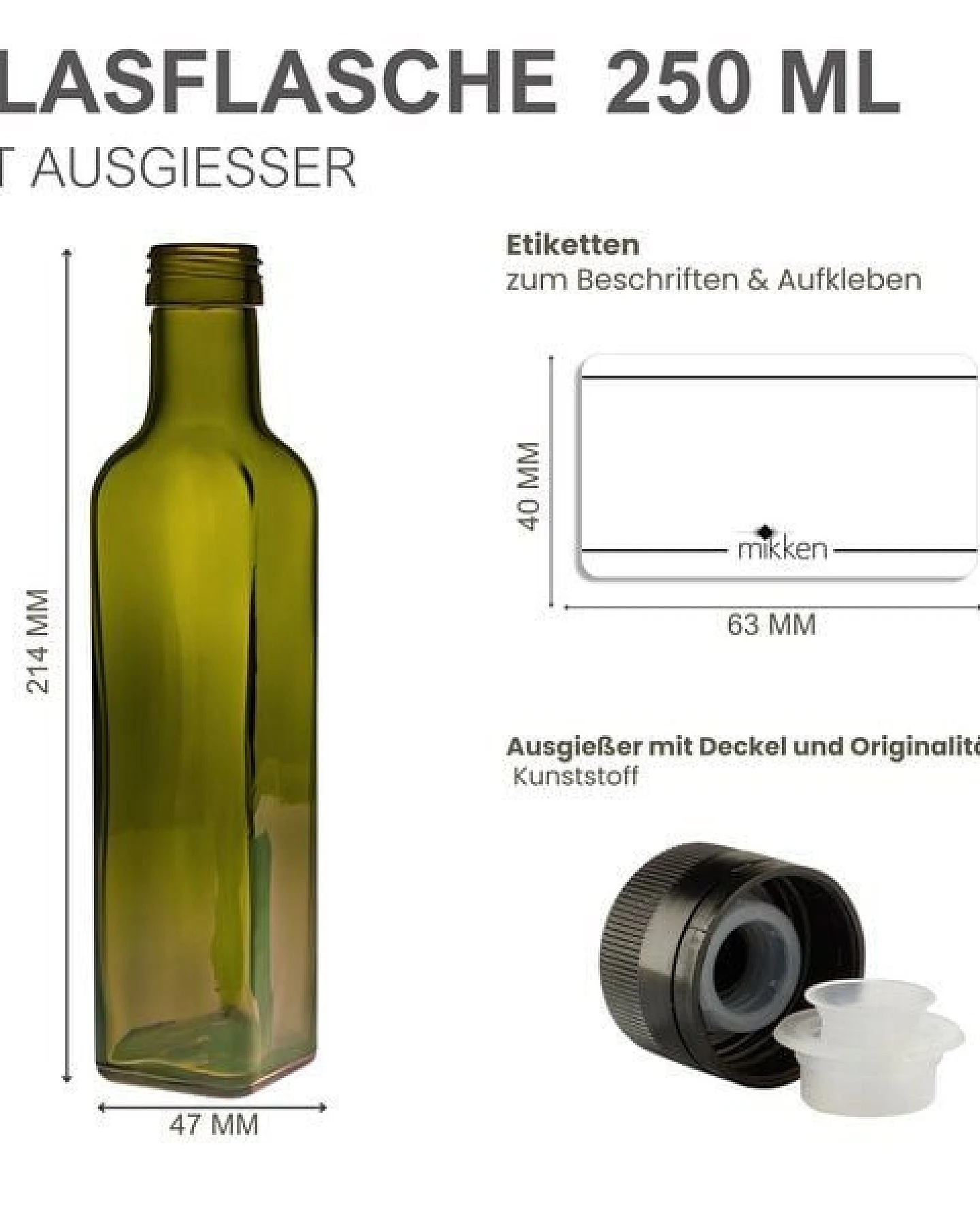 mikken 6er Set Ölflaschen 100 ml - 750 ml mit Ausgießer braune / grüne Glasflasche mit Dosierer Dosierflasche inkl. 6 Etiketten – Ansicht 3