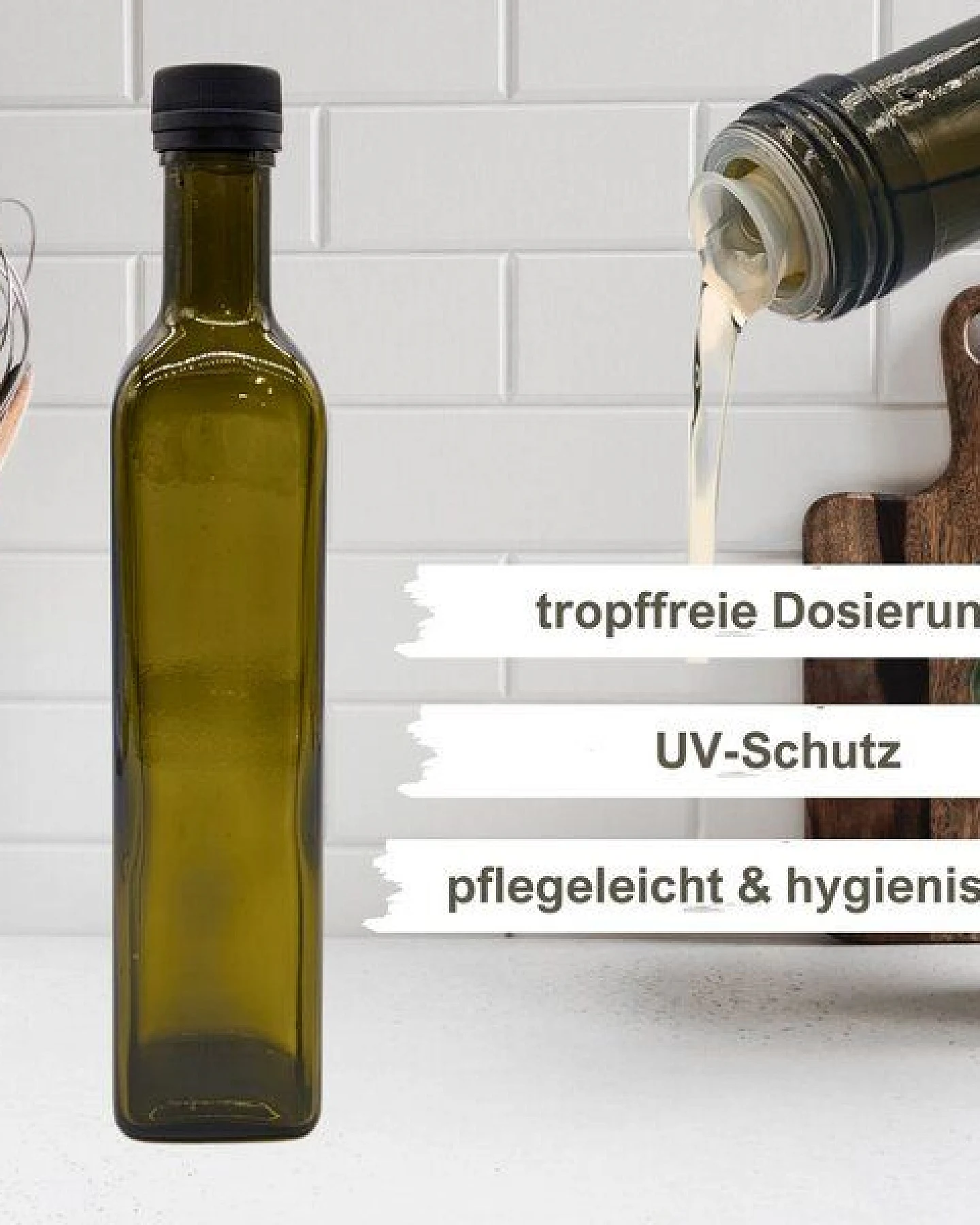 mikken 6er Set Ölflaschen 100 ml - 750 ml mit Ausgießer braune / grüne Glasflasche mit Dosierer Dosierflasche inkl. 6 Etiketten – Ansicht 2