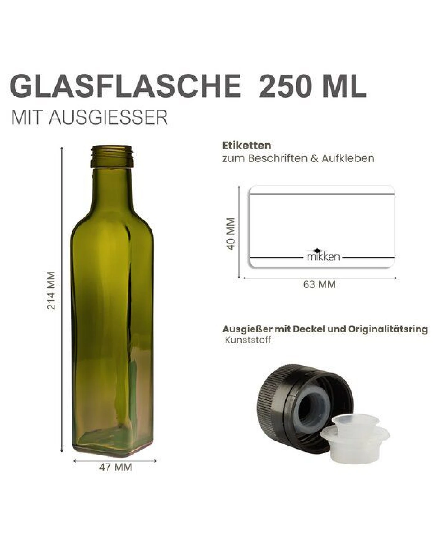 mikken 6er Set Ölflaschen 100 ml - 750 ml mit Ausgießer braune / grüne Glasflasche mit Dosierer Dosierflasche inkl. 6 Etiketten – Ansicht 3