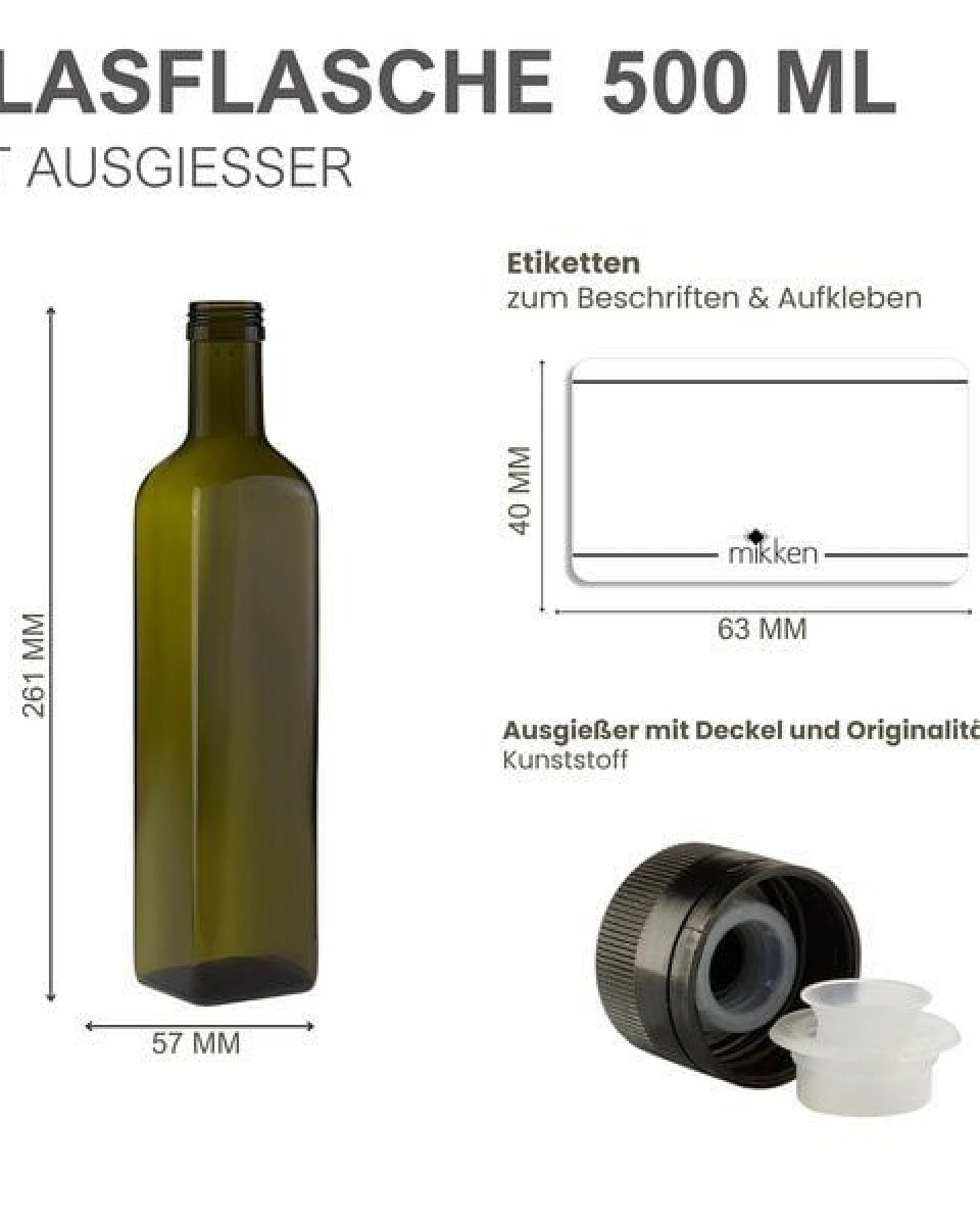 mikken 6er Set Ölflaschen 100 ml - 750 ml mit Ausgießer braune / grüne Glasflasche mit Dosierer Dosierflasche inkl. 6 Etiketten – Ansicht 3
