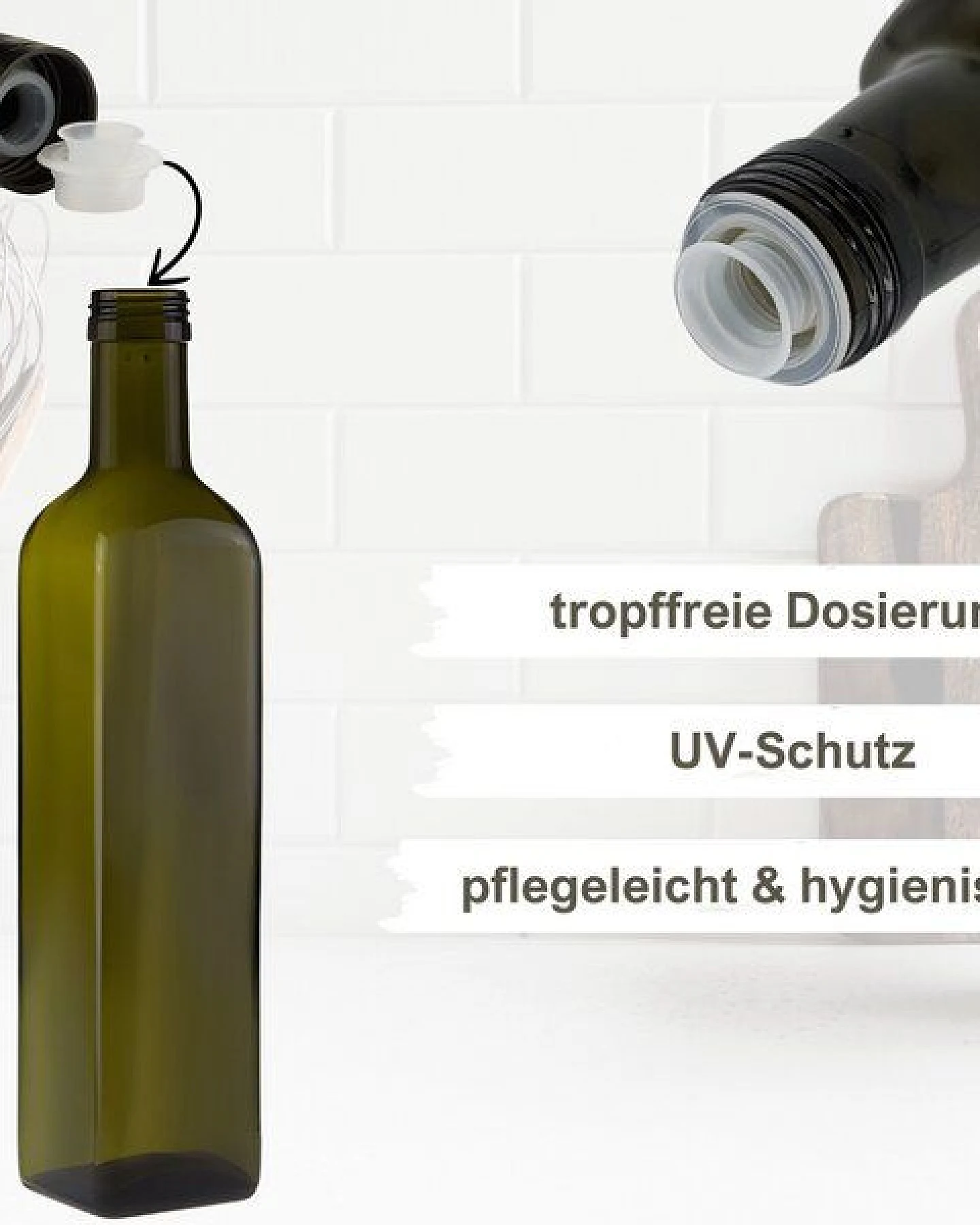 mikken 6er Set Ölflaschen 100 ml - 750 ml mit Ausgießer braune / grüne Glasflasche mit Dosierer Dosierflasche inkl. 6 Etiketten – Ansicht 2
