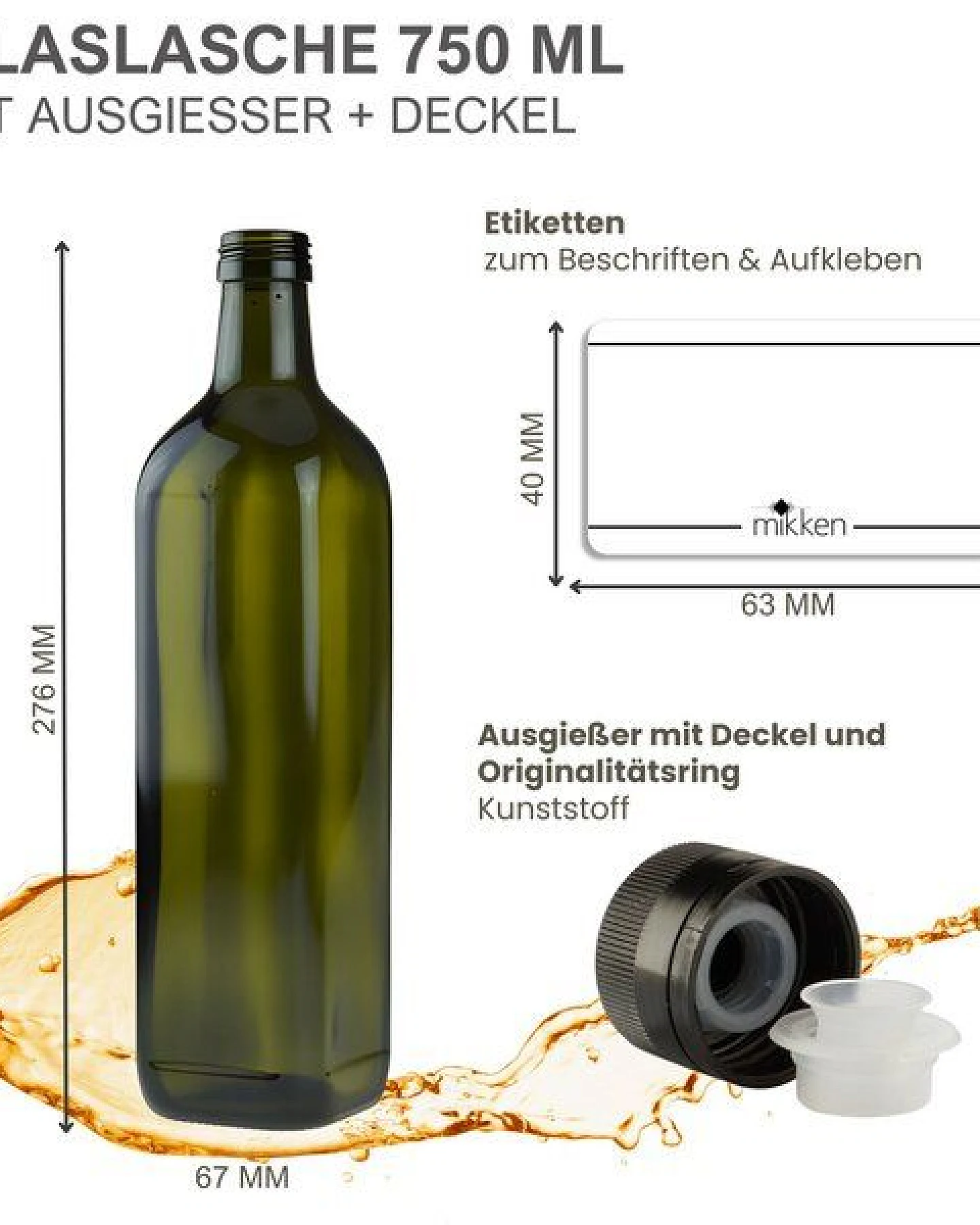 mikken 6er Set Ölflaschen 100 ml - 750 ml mit Ausgießer braune / grüne Glasflasche mit Dosierer Dosierflasche inkl. 6 Etiketten – Ansicht 3