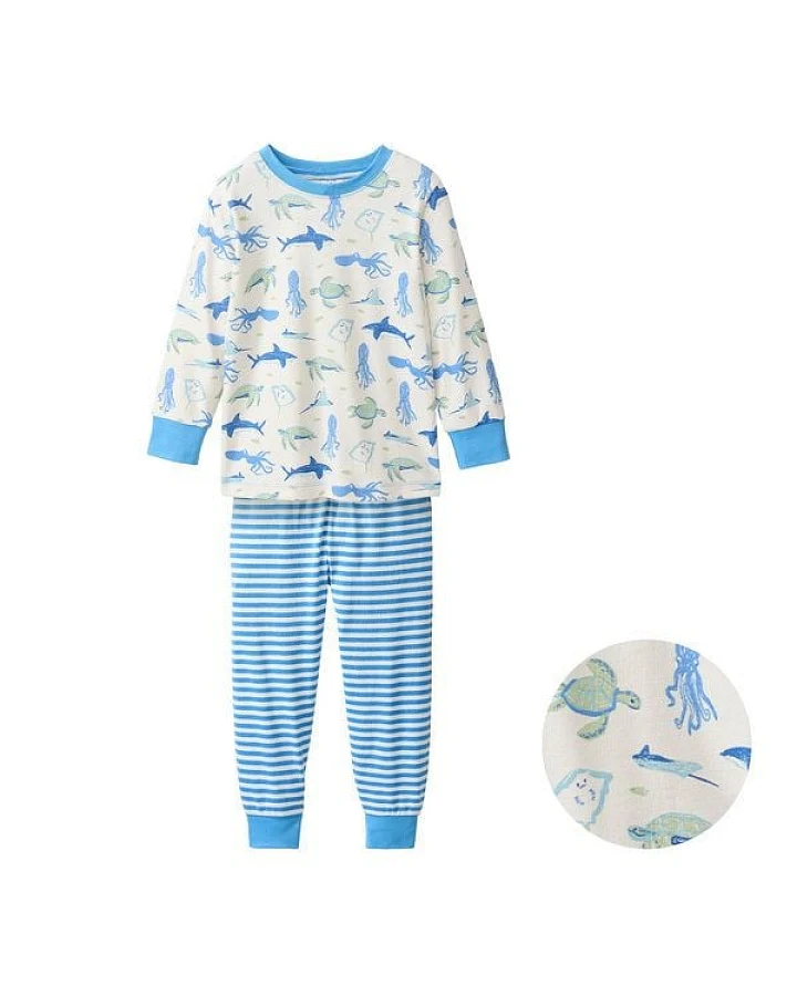People Wear Organic Pyjama, weiß bedruckt, "Sealife", Bio-Baumwolle