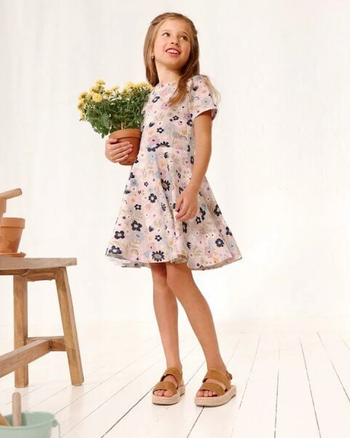 People Wear Organic "Kurzarm Kleid, rosa bedruckt, ""bunte Blüten"", Bio-Baumwolle"