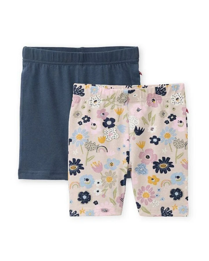 People Wear Organic "Radlerhose, 2er Pack, rosa bedruckt ""bunte Blüten"" und dunkelblau uni, Bio-Baumwolle"
