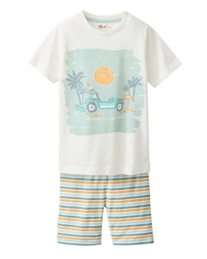 People Wear Organic Pyjama kurz, weiß bedruckt, "Beachscooter", Bio-Baumwolle